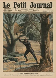 Imperial Woodcutter, Wilhelm II njuter av sin fritid genom att hugga träd i parken Sanssouci, framsidans illustration från 